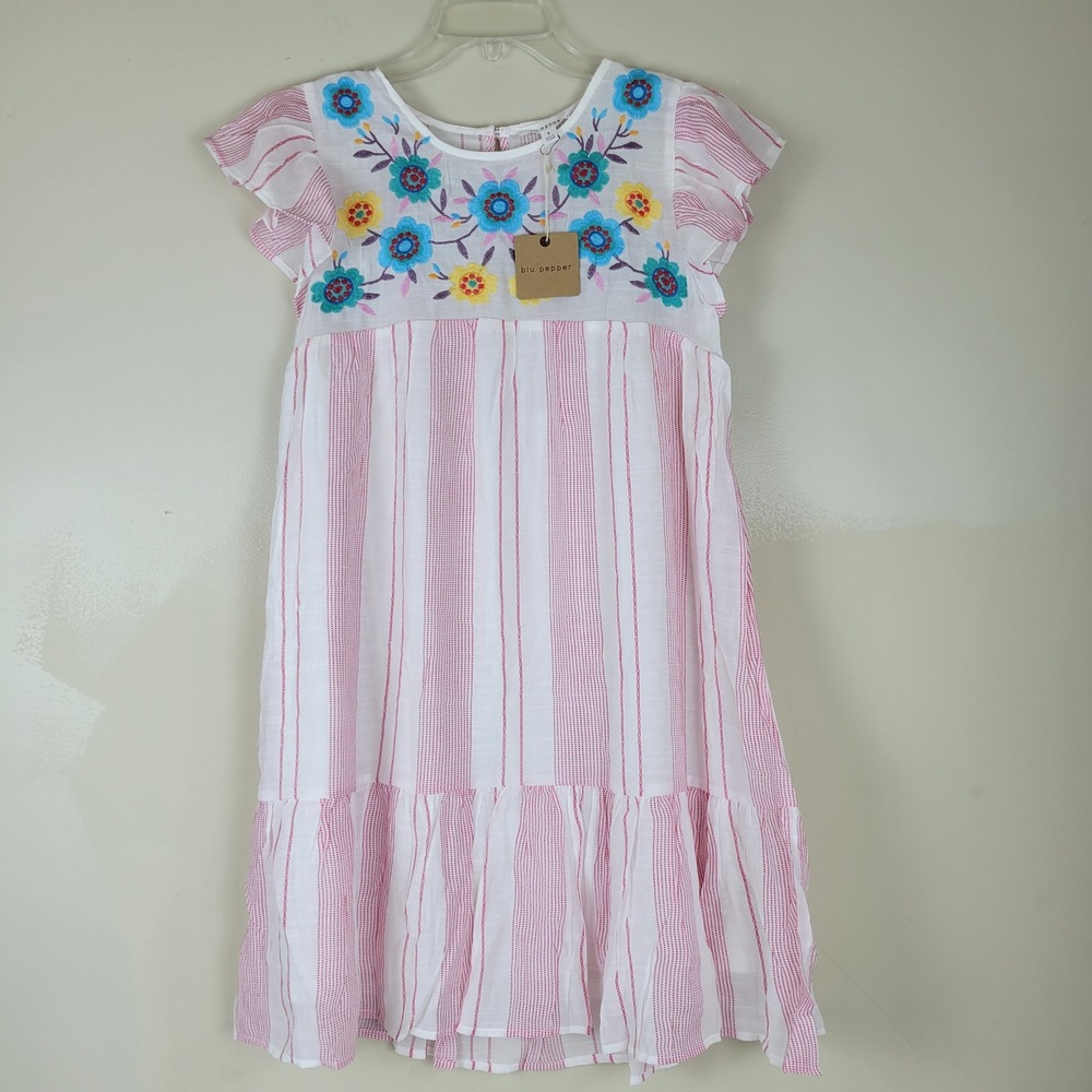 Blu Pepper Womens Small Pink White Striped Floral Embroidered Flutter Mini Dress